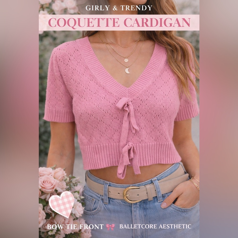 Day + Moon Pink Bow Tie Front Cropped Cardigan Coquette Knit Short Sleeve Size L - Picture 2 of 6